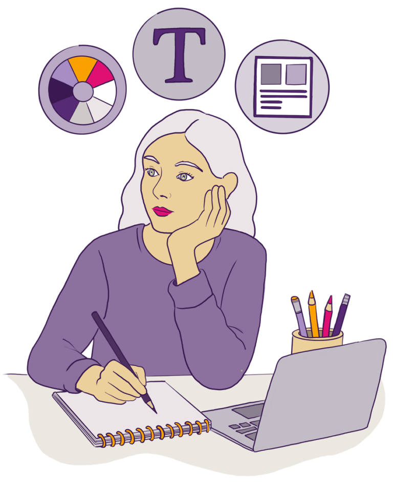 “Persona diseñando en su cuaderno frente a una laptop, pensando en color, tipografía y composición visual, representando a quienes buscan mejorar sus publicaciones en redes sin experiencia en diseño.”